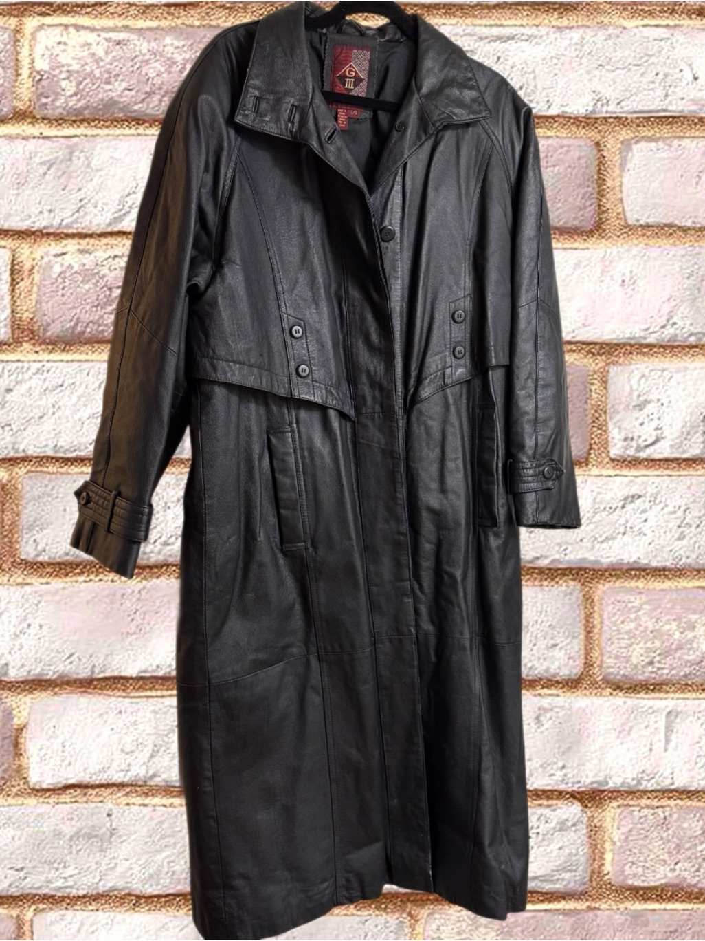 Giii Black Genuine Leather Button-Up Women's Trench Coat/Jacket